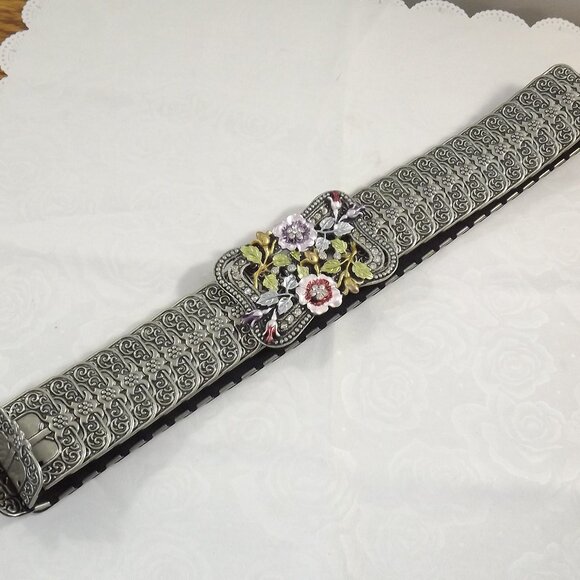 Silver Metal Stretch Belt with Green and Pastel Floral Pattern Belt Buckle - Picture 1 of 11